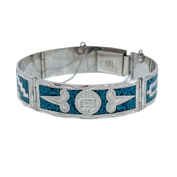 Vintage Mexico GG96 Sterling Silver 25.6g Turquoise Chip Box Clasp Bracelet 7" - Picture 1 of 7